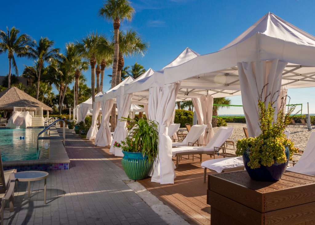 Poolside cabanas provide a cozy refuge for Sundial guests.